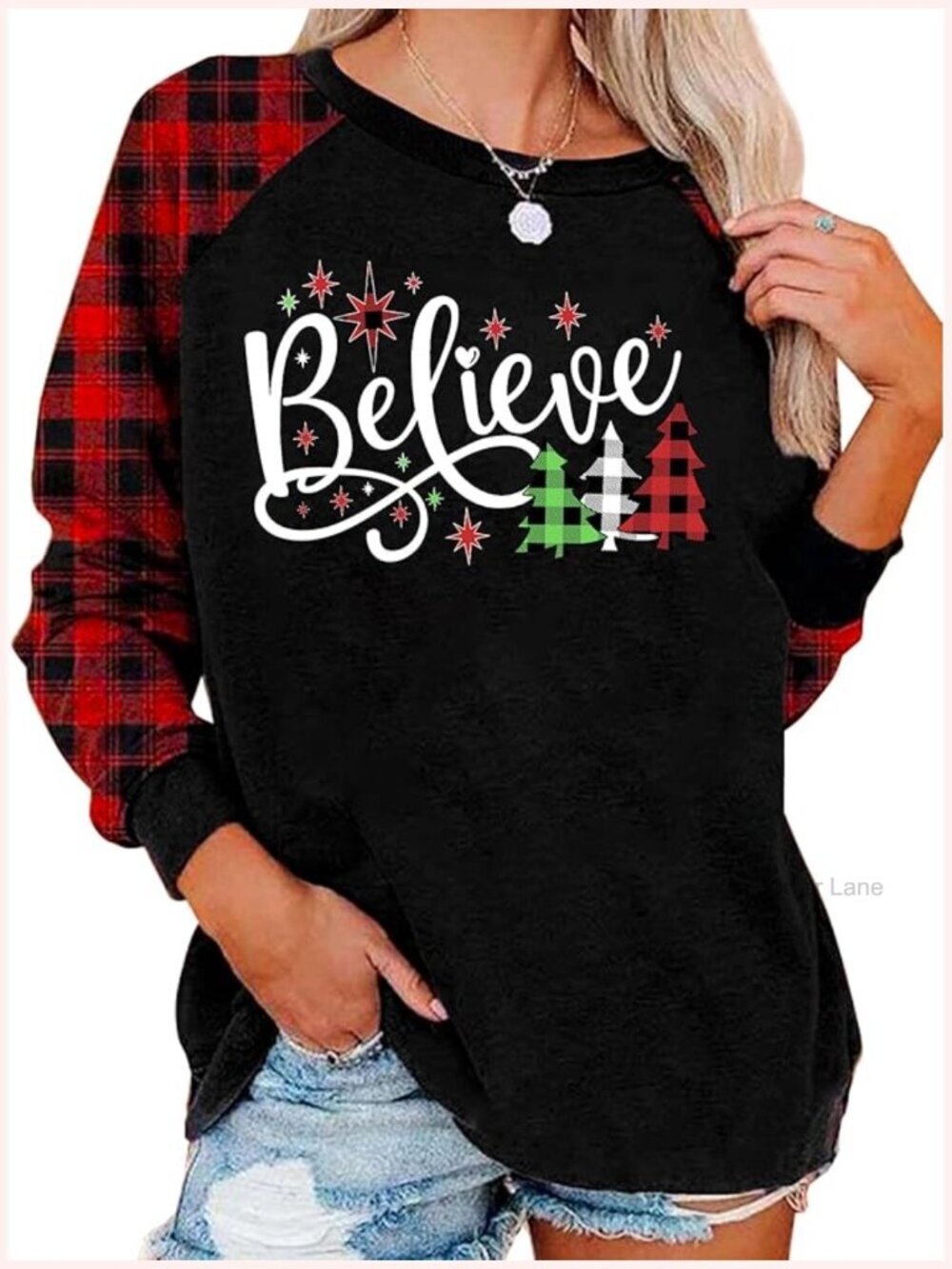 Believe Christmas Raglan Long Sleeve T-Shirt Women Plaid Baseball Tee
